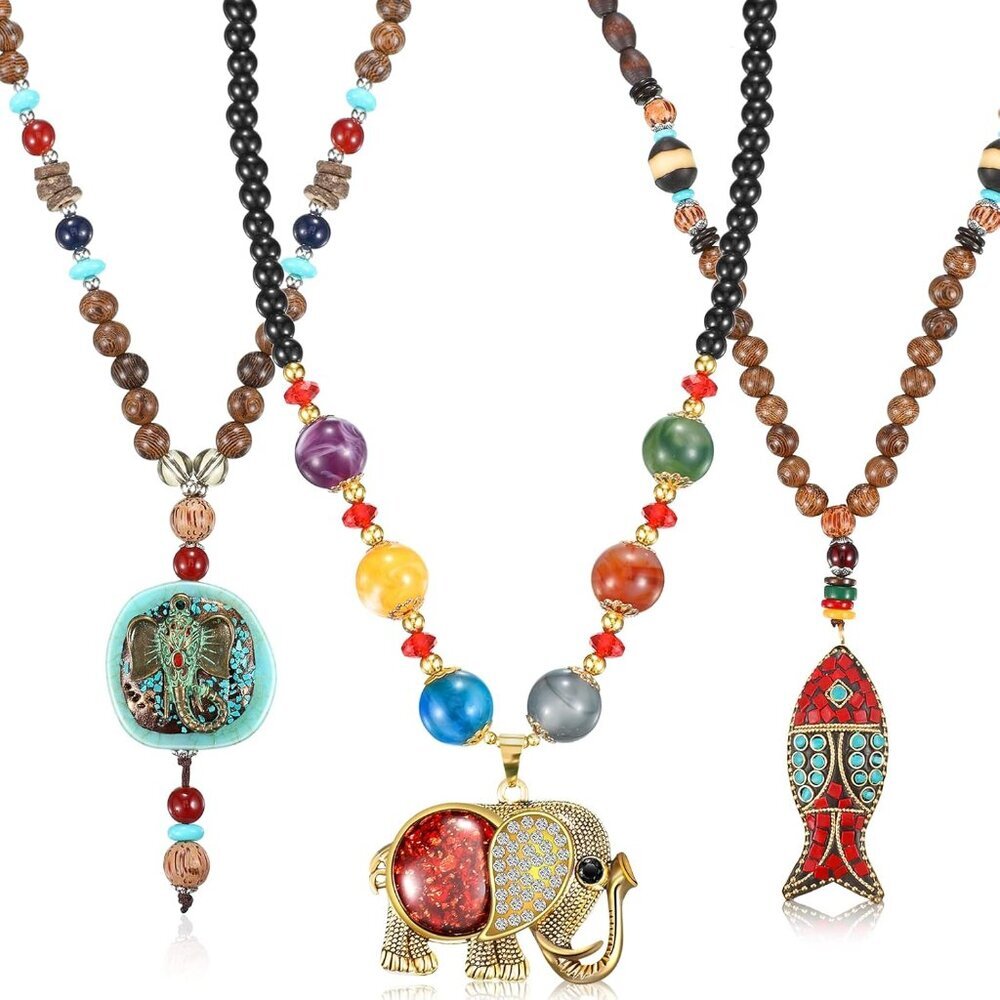 3 Pcs Boho Long Pendant Necklaces for Women Boho Long Wooden Beaded Necklace Han